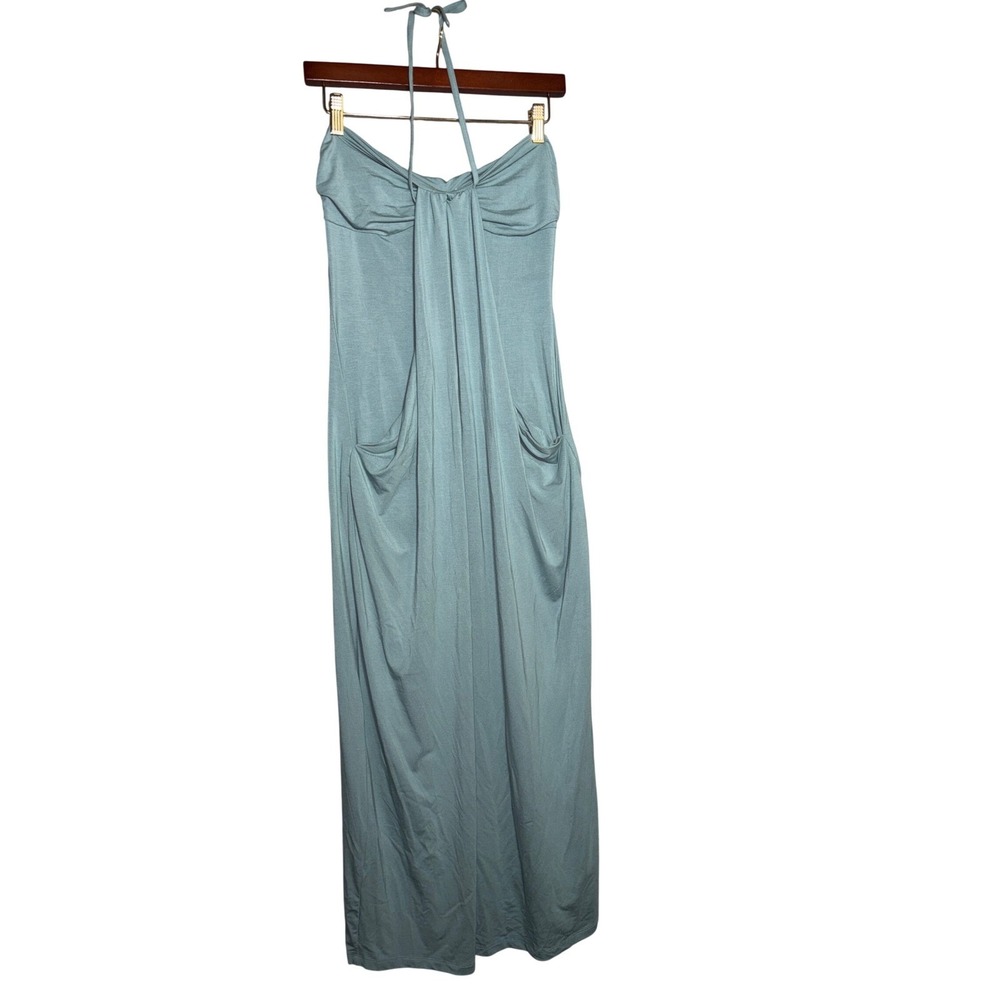 Halara S Sage Blue Halter Maxi Dress Pockets Stretch Jersey Casual Athleisure